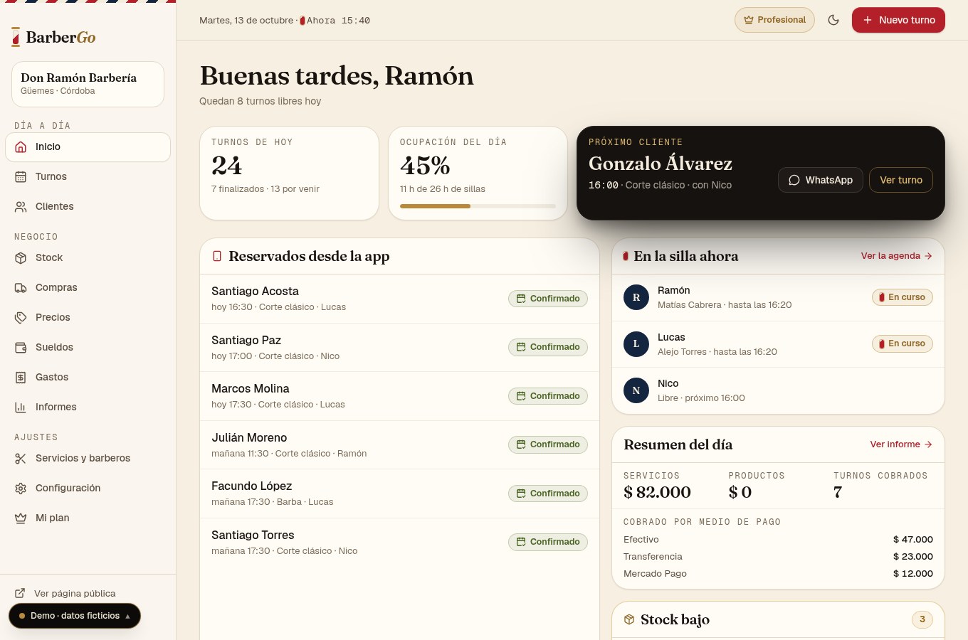Inicio de BarberGo ejecutado en modo demo con datos de ejemplo